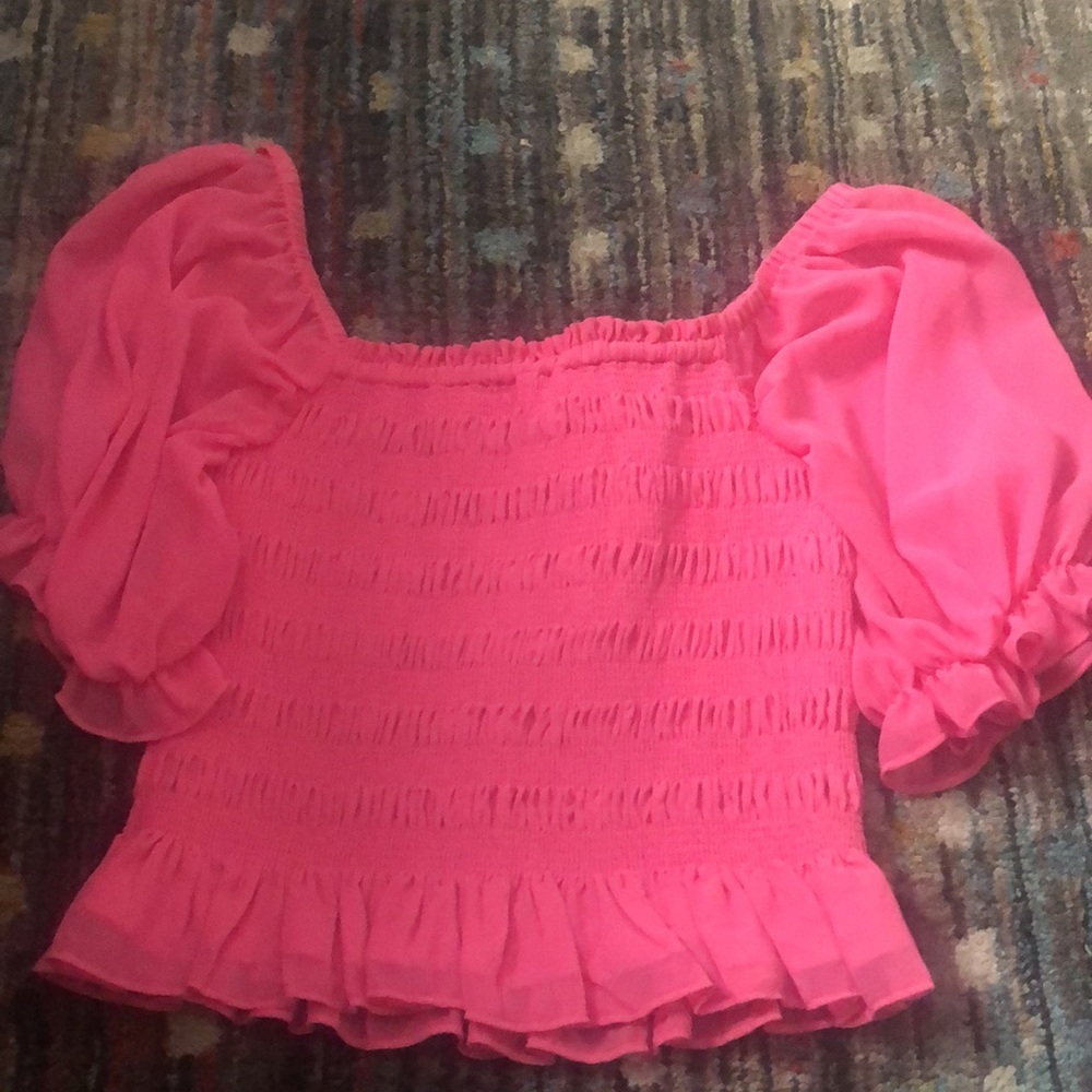 NWT WAYF Hot Pink Ruched Ruffled Puff Sleeve Cropped Top - Picture 5 of 9